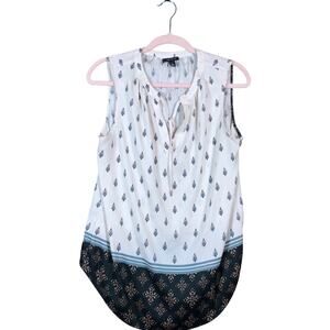 Ann Taylor Womens Blouse White Multi Sleeveless Tank V Neck Front Tie Medium